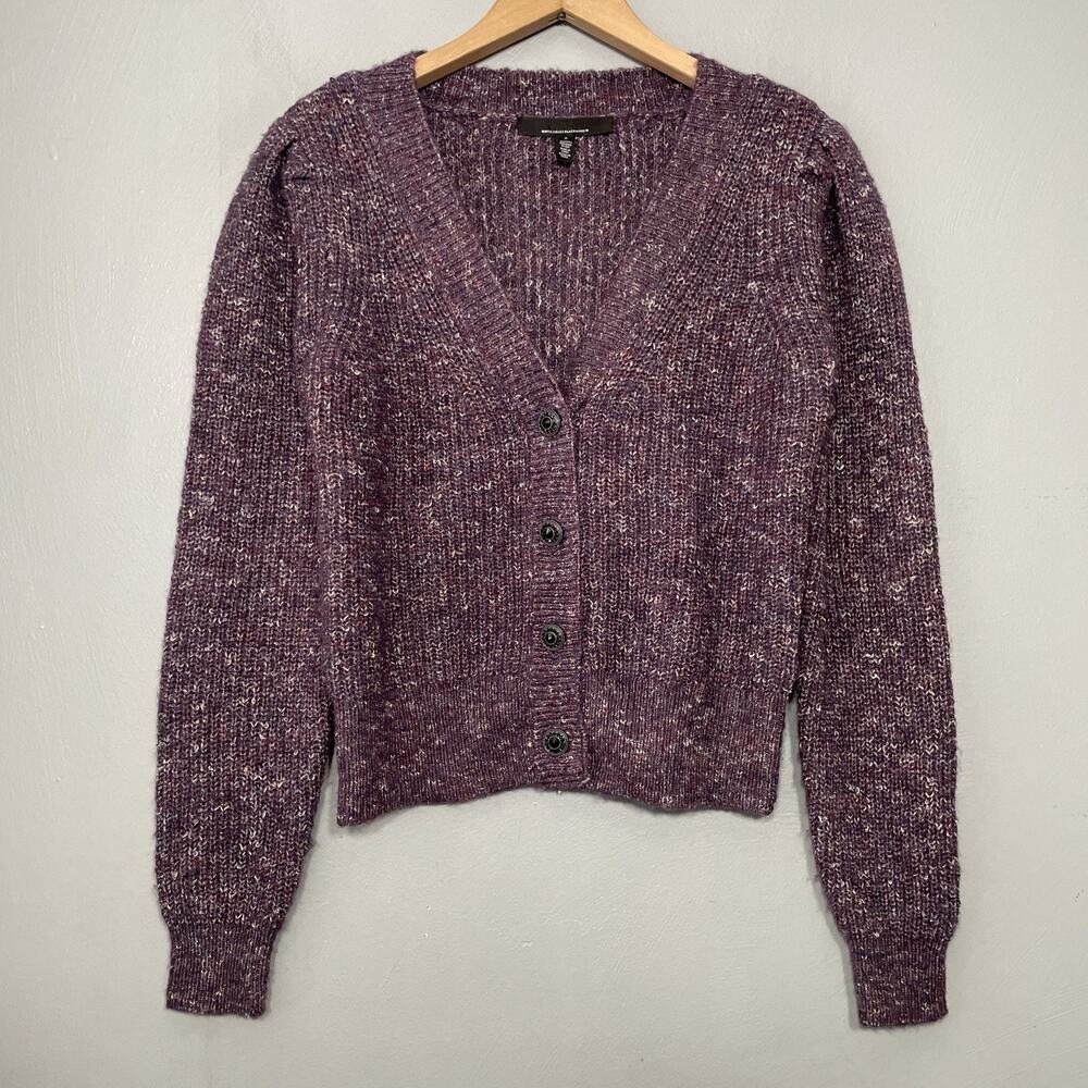 WHBM Purple Cardigan Size Small Chunky Marled Cropped Sweater Knit Wool Blend